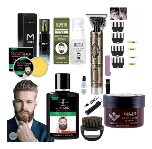 Kit Barbería Aceite Barba Bálsamo Shampoo Gel Cepillo Loción