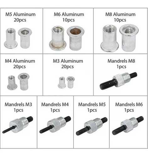 KIT DE REMACHADO DE 86 PIEZAS PARA INSERTOS DE REMACHES ROSCADOS M3 M4 M5  M6 M8