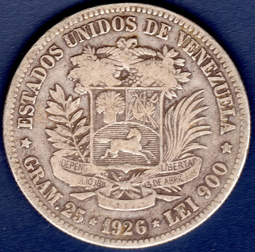 Moneda De 5 Bolívares De 1926 Fuerte De Plata