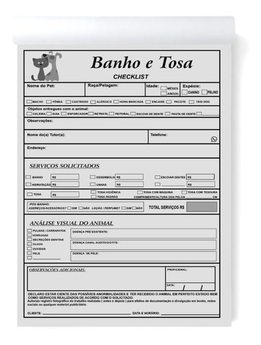 3 Bloco Ficha De Anamnese Checklist P/ Banho Tosa Petshop