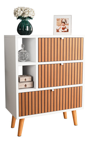 Buffet Aparador 3 Portas Basculante Retro Branco Ripado Pés De PVC 85cm X 65cm X 33cm Jm3 Móveis