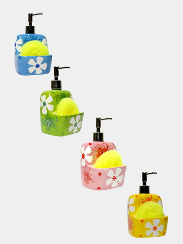 Dispenser De Jabon Detergente Ceramica Con Esponja Flores