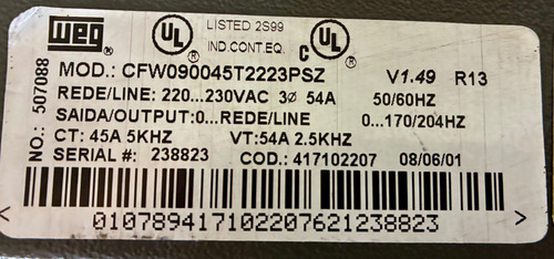 Inversor De Frequência Weg Cfw09 15cv 45a 220v (Usado)