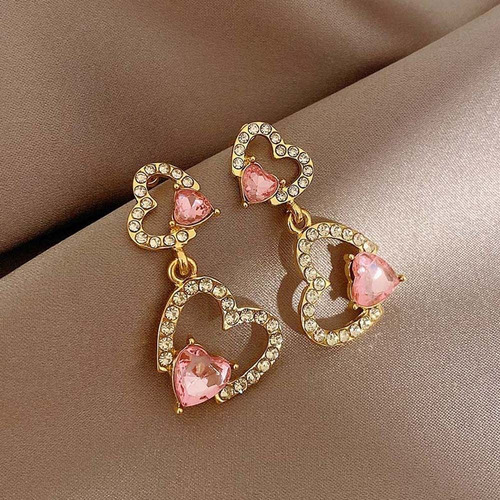 Aretes De Corazón Pendientes Dorados Brillantes Largo Mujer