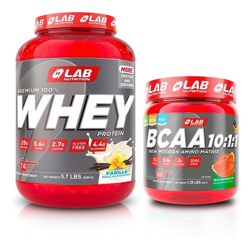 1 Proteina Premium Whey Lab 5.6lb + 1 Amino Bcaa 10:1:1 Lab.