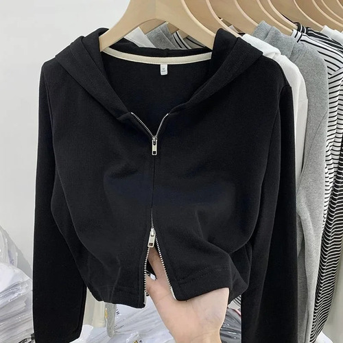 Chaqueta Corta Con Capucha Y Cremallera Para Mujer