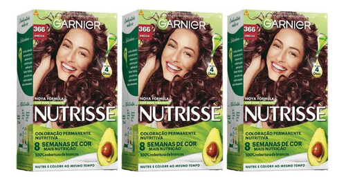 Kit Tintura Garnier  Coloraçao nutrisse 366 acaju purpura-kit c/3un tom 366 acaju purpura 20Vol. para cabelo x 165g