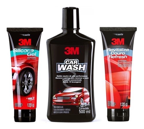 Kit Silicone Gel + Car Wash + Refresh Revitaliza Couro 3m
