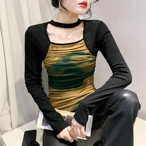 Camiseta Para Mujer Con Cuello Redondo Y Manga Larga Con Cos