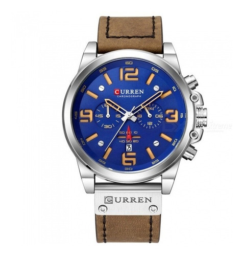 Relogio Masculino Curren Modelo M8314 Caixa 50mm Prata Visor Azul Calendario Couro Marrom Legitimo Envio Imediato