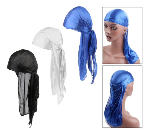 C. 3pcs Mujeres Hombres Seda Durag Cola Larga Headwrap