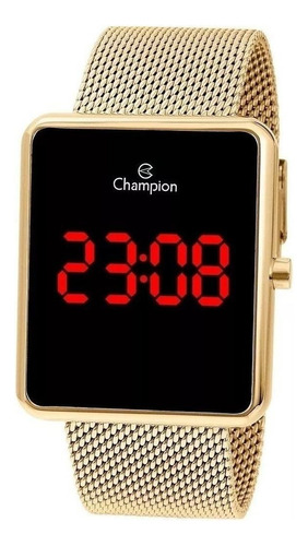 Champion CH40080V Relógio Feminino Digital Quadrado Dourado Cor do Led vermelho