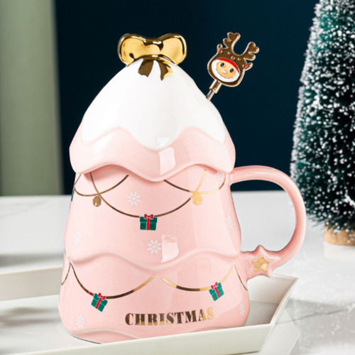 Juego De Tazas Navideñas Con Tapa Y Cuchara De Cerámica De 5