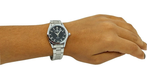 Relógio Feminino Prata Aço Inox Pequeno Fundo Preto Escuro