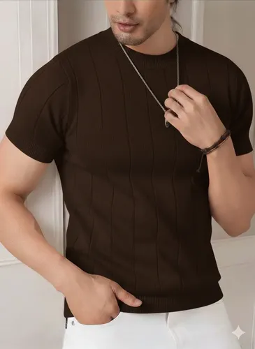 Blusa Masculina Básica Manga Curta Canelada Tricot Modal