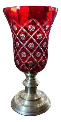 Castiçal Ou Vaso Em Cristal Europeu Vermelho Lapidado Lindo 