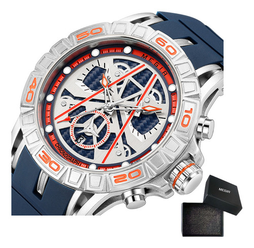 Reloj Cronógrafo Luminoso De Silicona Megir 8110 Color De La Correa Azul