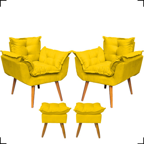 Kit 2 Poltronas Decorativas Para Receção + 2 Puff Reforçados Cor Amarelo Desenho do tecido Suede Liso