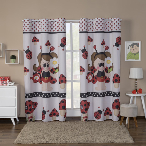 Cortina Estampada 3,00x2,20m Quarto Infantil Menina Joaninha