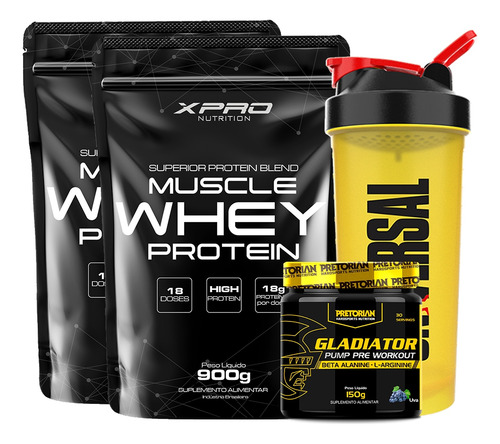 2x Muscle Whey 900g-xpro+pré-treino Gladiator 150g+coque Sabor Morango / Cookies