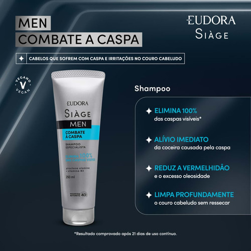 Kit 2 Shampoo Masculino Anticaspa Eudora Siage 250ml Combate