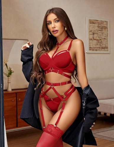 Babydoll Conjuntos De Lencería Mujer Liguero Arnés Y Brasier