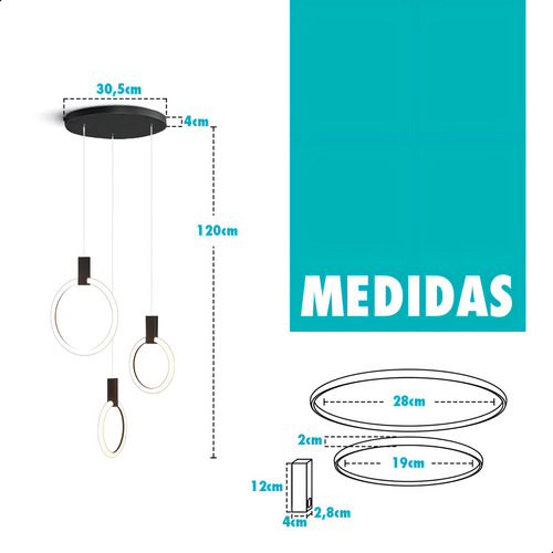 Lustre Luminária De Led 3 Argolas Duplo Alto Moderno para escada mesa de jantar sala Cor Preto 127/220V 47W 127/220V Casa Attract