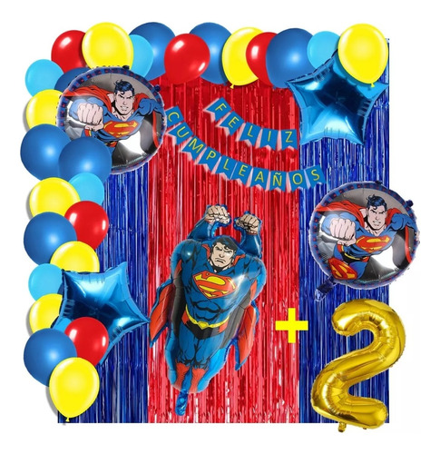 Combo De Globos Superman Metalizado Cortina Numero Arco