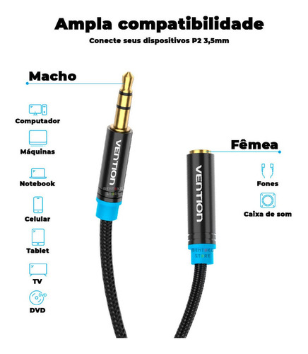 Cabo Extensor Extensao P2 Macho Femea Fone Audio 1m Vention