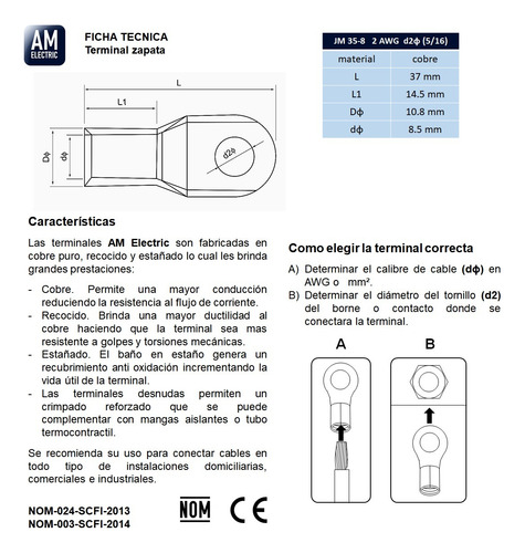 Terminal Zapata 2 Awg 5/16 50 Pzs Am-e