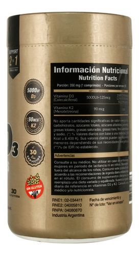 Gold Nutrition Vitaminas K2 + D3 Vegetal Suplemento 30c