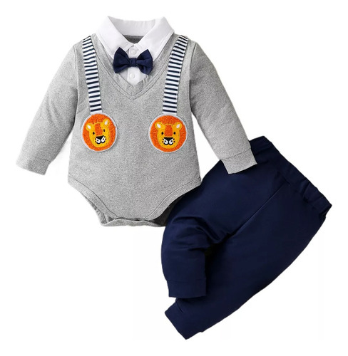 Conjunto 2 Pcs De Mameluco Con Estampado De Leoncitos Bebes Gris 0-3 M