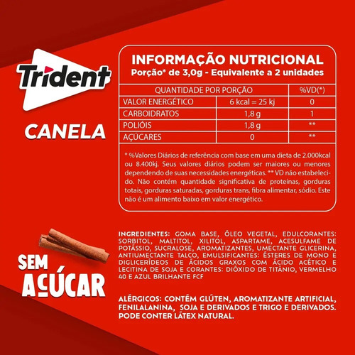 Goma de mascar trident Trident Chiclete Sem açúcar canela com goma base sem glúten 8 g 21 u