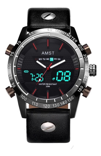 Relógio Esportivo Militar Pulseira De Couro Digital Amst