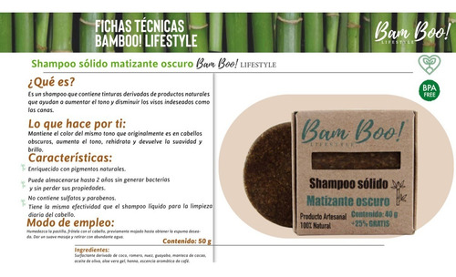 Shampoo Solido Matizante Oscuro Bam Boo! Lifestyle® 50 Gr