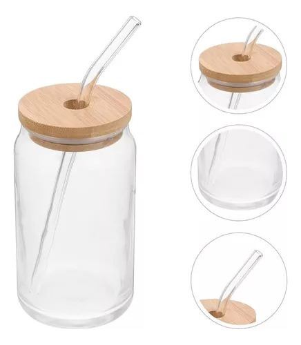 Vaso Lata De Vidrio Con Bombilla Tapa De Bambu 550ml Unidad