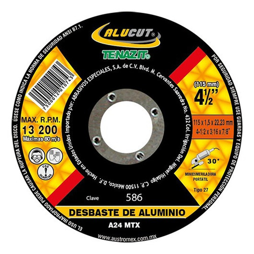 Disco T-27 4½x3/16x7/8in A24 Mtx Para Desbaste Aluminio