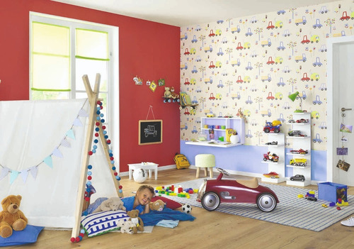 Imagen 3 de 4 de Papel Tapiz Infantil Fondo Beige Carritos Rojos Y Azules