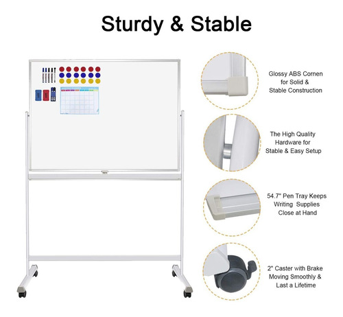 Pizarra Blanca Móvil De 48 X 36 Pulgadas De Doble Cara Magné
