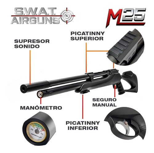 Imagen 2 de 11 de Rifle Pcp M25 Swat Airguns 5,5 6,35 Silen Inflador Funda