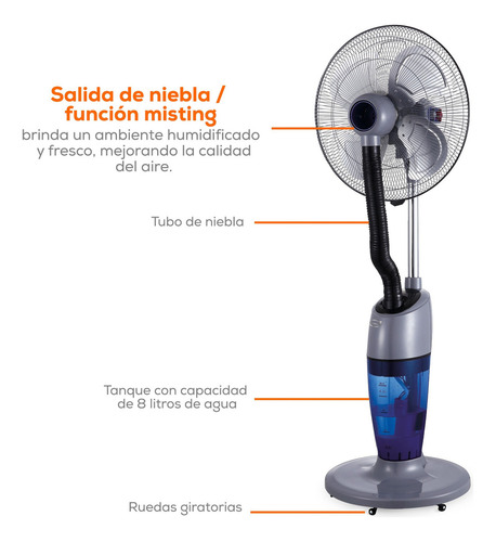 Ventilador 20in Evans Con Niebla 240w 4 Velocidades 8l Estructura Gris Aspas Gris Diámetro 50.8 cm Frecuencia 60 Hz Material de las aspas Aluminio