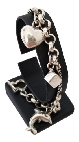 Pulsera Para Mujer Corazón Delfín Cubo Joya Plata 950