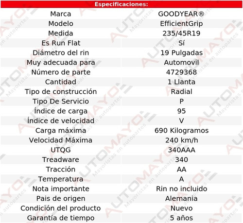 Llanta Efficientgrip Goodyear 235/45r19 95v Run Flat