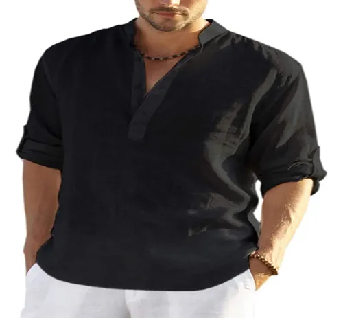 Camisa Casual De Algodón Y Lino De Manga Larga Para Hombre