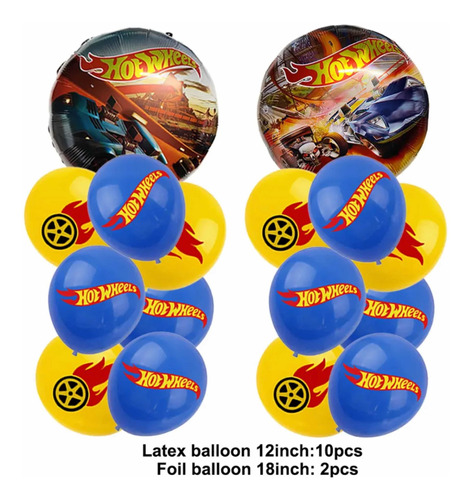 Pack 2 Globos Metalizados Y 10 Globos Látex Hot Wheels Happy