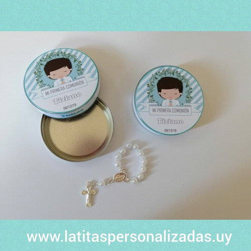 Latita Souvenir Con Minirosario Para Bautismo O Comunión