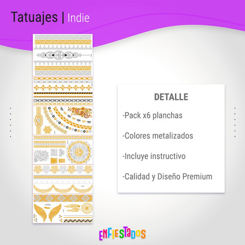 Tatuaje Metalizado Tattoos Temporal Adulto Disfraces Diseños Indie