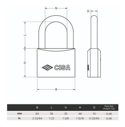 Imagen 9 de 10 de Candado De Arco 60mm De Laton Con 2 Llaves Cisa