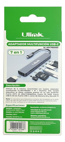 Adaptador Hub Usb Tipo C 7 En 1 Multifunción 4k Ulink