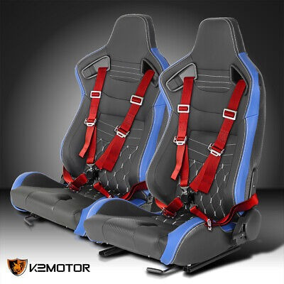 2pc Blue Pvc Leather White Stitch Racing Seats+red 4-poin Kg